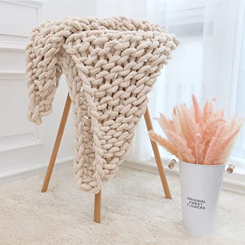 Vbgya Chunky Knit Blanket Throw, Chenille Throw 40"X40" Hand-Knitted Warm Cozy Blanket Thick Throw Blanket, Soft Boho Casual Throw Blanket Sofa Bed Rug Home Decor Gift - Beige #TOP2