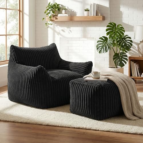GRAVFORCE Schlafsofa mit Rückenlehne und Fußstütze, XXL Sitzsack Sessel mit Hocker für Erwachsene, Relaxsessel Lazy Sofa, Indoor-Sitzkissen für Schlafzimmer Wohnzimmer, Wintergarten (Schwarz)