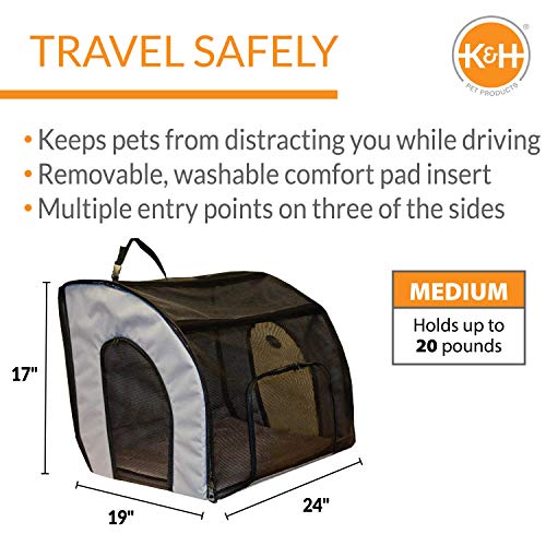 K&H Pet Products Travel Safety Carrier for Pets, Dog Crate for Car Travel, Dog Soft-Sided Carrier for Medium Dogs, Portable Car Seat Kennel, Gray/Black Medium 24 X 19 X 17 Inches