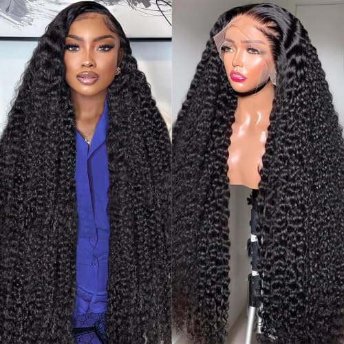 Image of KVFCT 36 Inch Deep Wave Lace Front Wigs Human Hair 13x6 HD Transparent Deep Wave Frontal Wigs Human Hair Pre Plucked Deep Curly Human Hair Wigs Glueless Curly Lace Front Wig Natural Hairline
