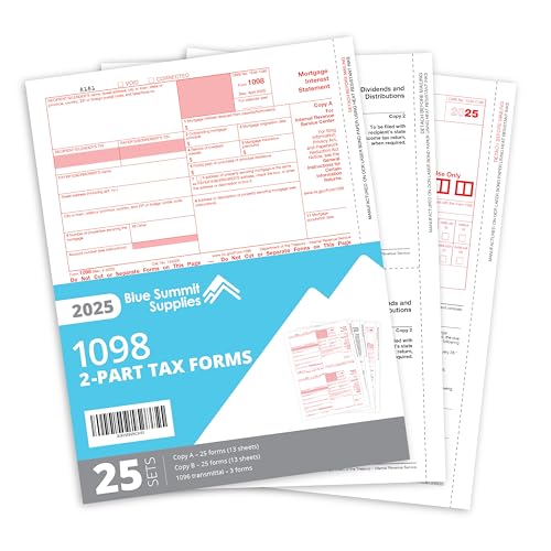 1098 Mortgage Interest Forms 2025, 2 Part Tax Forms Kit with 1096 Transmittal, 25 Laser Forms to Report Mortgage Interest, Compatible with QuickBooks