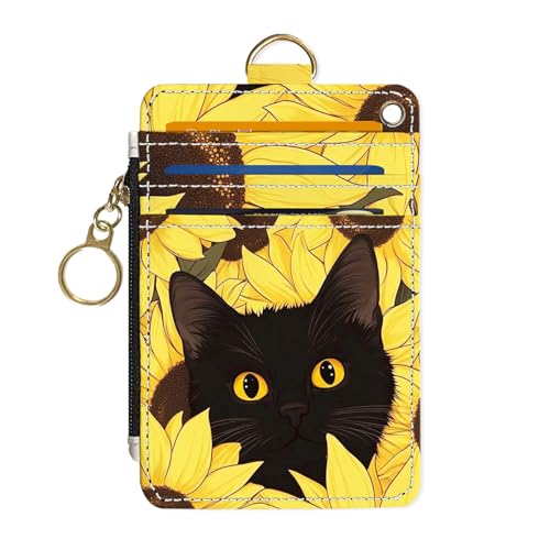 Image of Slim Wallet Credit Card Holder,Flowers and Cats D, RFID Wallet Women Cute Small Front Pocket Wallet With Zipper, PU Leather Thin travel RFID Blocking Card Case ID Window,Ladies Gifts