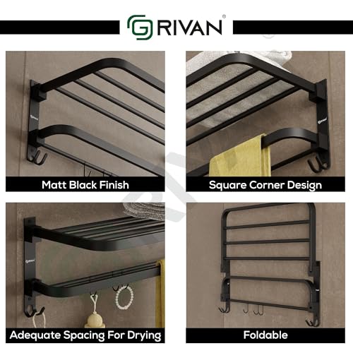 Image of GRIVAN Stainless Steel Towel Rack for Bathroom | Foldable 24 Inch Towel Holder in Bathroom with Hooks | Bathroom Towel Hanger for Wall | Towel Stand Rack for Clothes (Black Matte, Pack of 1)