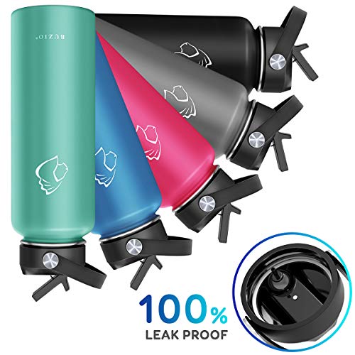 BUZIO Double Wall Stainless Steel Sports Water Bottle, BPA-Free Flex Cap and Straw Lid, 40 Ounces, Mint