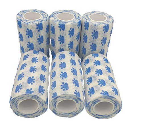 PintoMed - Bandage Cohésif - Blanc avec Pattes Bleu - 6 Rouleaux X 10 cm X 4.5 m Autoadhésif, Sports Bande, Premiers Secours Adhésif, Vet Wrap