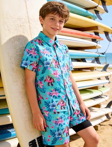 Image of UNICOMIDEA Boys Hawaiian Outfits Tropical Print Button Down Shirt + Swim Trunks 2 Piece Sets for 5-12T Kids