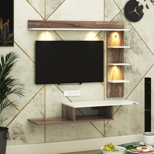 Image of Wintor Engineered Wood Wall Mounted TV Unit with 4 LED Lights,3 Open Shelves,1 Storage Box & Decorative Display Shelf for Living Room | Ideal for Upto 43 Inch TV- CoachWood /White(DIY Assembly)