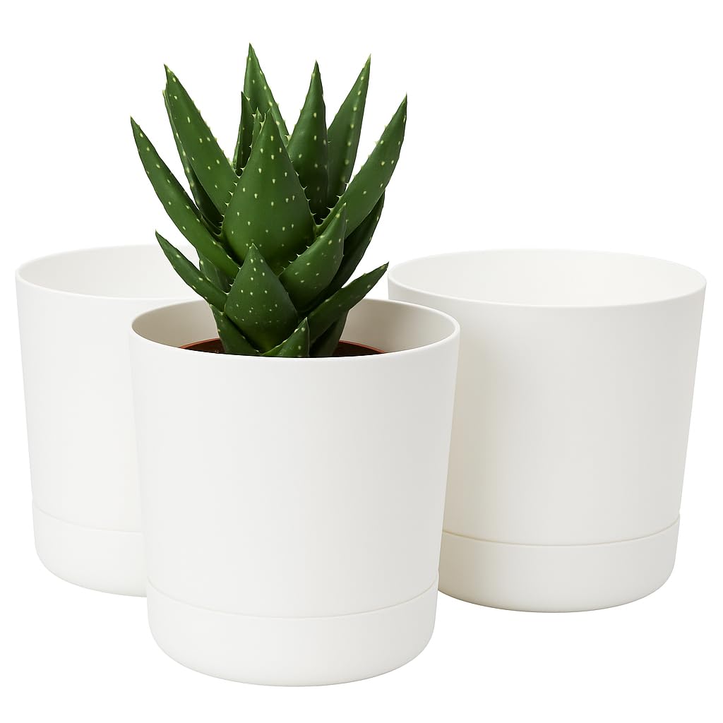 Home Garden Ornaments Plant Pots Indoor – Set of 3 Plastic Outdoor Planters with Drainage Holes and Saucer, Classy Decorative Flower Pots (15cm / 6inch – White)