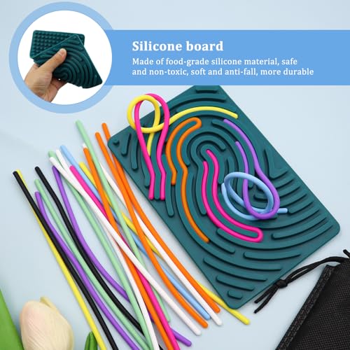 Sensorik Activity Board Silikon, Sensorik Activity Board, Montessori Spielzeug Doppelseitiges Aktivitätsbrett mit 24 Strings & Reisetasche Beruhigung ADHD Autismus Spielzeug für Kinder, Dunkelgrün