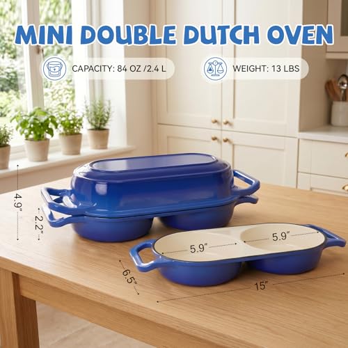 Image of Double Dutch Oven Pot with Lid, 2.2QT Enameled Cast Iron Bread Loaf Pan, Mini Dutch Oven For Sourdough Bread Baking, 500F Oven Safe Non Stick Dual Round Bread Pan, Bread Oven, 16.5cm Diameter, Blue