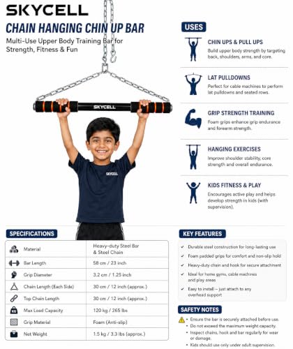 Image of SKYCELL Adjustable Pull Up Bar for Kids | No Screw Doorway Pull Up Bar | Door Rod for Pull Up | Wall Mounted Home Gym Bar for Kids | Strength Training Equipment