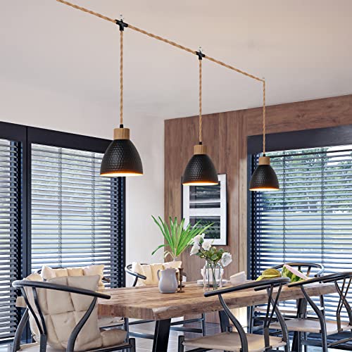 Image of 3-Light Plug in Pendant Light 22FT Industrial Hanging Lamp with Twisted Hemp Rope Independent Triple Switch Hanging Light Chandelier for Dining Room Kitchen, Black Finish