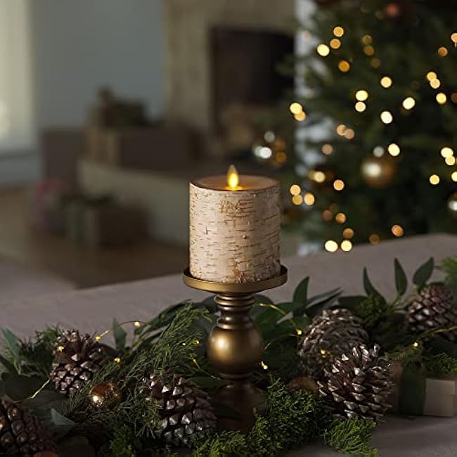 Luminara Real Birch Bark Wrapped Flameless LED Candle, 3.5 x 4.5, Battery Operated Moving Flame Pillar Light with Timer - Natural Decor Unscented
