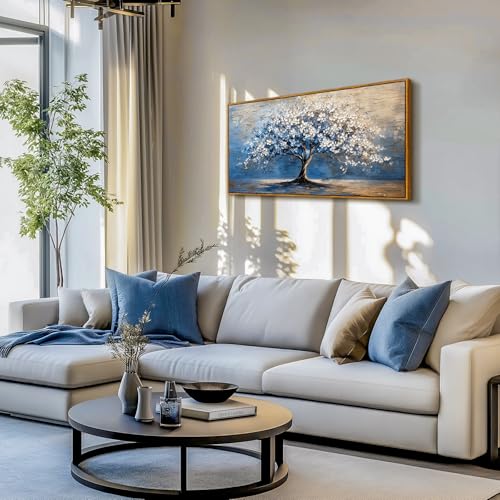 SERIMINO Tree of Life Large Framed Wall Art Prints, Blue Tree Abstract Art Wall Decor, Cherry Blossom Floral Plant Artwork for Walls, Modern House Decorations Living Room Bedroom Home Office 20"X40"