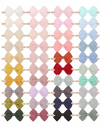 jollybows 40pcs Baby Girls Nylon Hair Bows Headbands Linen Hair Bands Elastic Hair Accessories for Kids Infants Newborn (4-40 PCS Solid Linen)