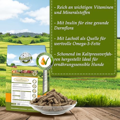 Bellfor Wildsee-Schmaus Hochwertiges Getreidefreies Hundetrockenfutter mit Ente mit hoher Verdaulichkeit ohne tierische Nebenerzeugnisse (4 kg) - Hundefutter mit hohem Fleischanteil.