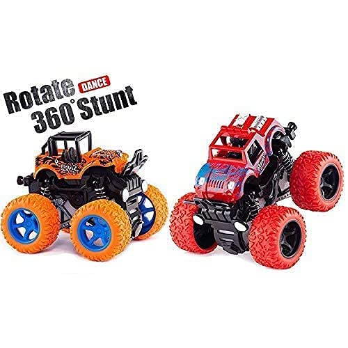 Mini Monster Truck Friction Powered Cars Toys, 360 Degree Stunt 4wd Cars Push go Truck for Toddlers Kids Gift (Pack of 2) (4WD MINI Monster Truck)