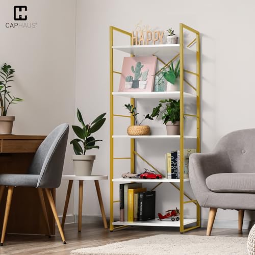 Image of CAPHAUS 5 Tier Bookshelf, 24 Inch Width Free Standing Shelf, Bookcase Shelf Storage Organizer, Industrial Book Shelves for Home Office, Living Room, Kitchen, White Wooden Shelves & Gold Frame