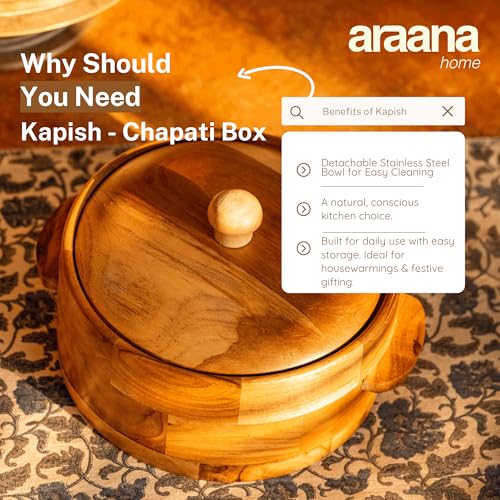 Image of Wooden Chapati Box: Teak Wood Casserole - Detachable ss Insulated Bowl - Keeps rotis Warm & Fresh, Perfect for Serving hot chapatis. A Must-Have for Elegant Kitchen decor