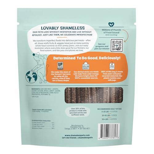 Image of Shameless Pets Carrot & Mint Dental Chews for Dogs, 32 Chews - Natural Dog Teeth Cleaning Treats with Fresh Breath Benefits | Grain-Free Dental Sticks for Small, Medium & Large Dogs