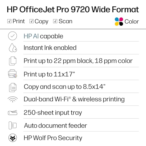 Image of HP OfficeJet Pro 9720 Wide-Format Wireless All-in-One Color Inkjet Printer, Print, scan, Copy, fax up to 11x17, ADF, Duplex Printing Best-for-Office, 3 Month Trial of Instant Ink Included (C2XF9A)