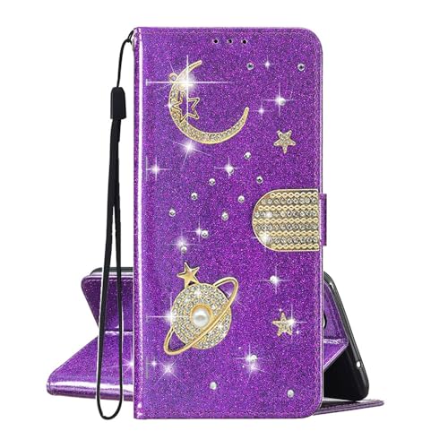 Custodia IPhone 12 A Libro Con Glitter E Stelle - Portafoglio In Pelle PU Magnetica Con Tasca Per Carte - Design Universo Arcobaleno - Viola
