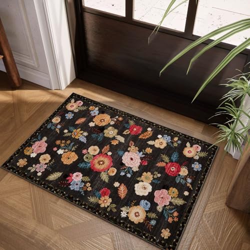 Washable Small Entryway Area Rugs: 2'x3' Floral Rug Non Slip Door Mat Indoor Entrance Stain Resistance Low Pile Throw Rugs for Inside Front Door Floor Bedroom Bedside Kitchen Nursery Kids Room Entry