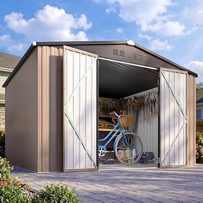 AECOJOY 8' x 10' Large Waterproof Metal Outdoor Storage Shed, Heavy Duty Garden Tool Shed with Lockable Ventilated Double Doors, Outside Storage for Backyard, Patio - Gray