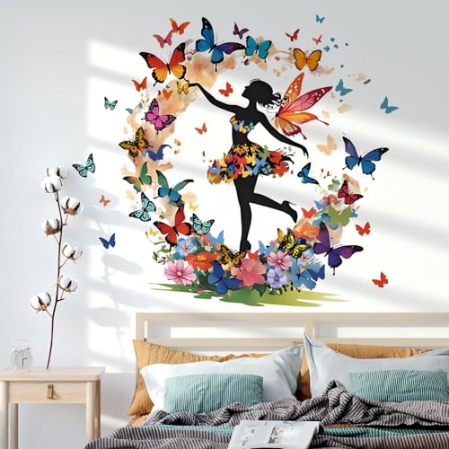 WOFEU Butterfly Girl Wall Stickers,Flower Fairy Wall Decal,Colorful ...