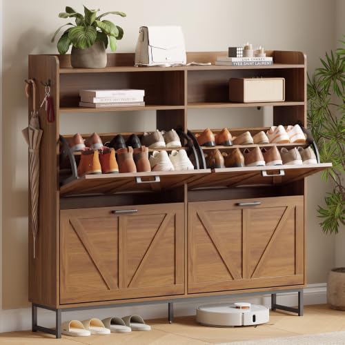 Image of Xixini Shoe Storage Cabinet with 4 Flip Drawers, Entryway Shoe Rack, Walnut | Freestanding Narrow Shoe Storage, Hidden Slim Wood Shoe Organizer, Modern Farmhouse, Open Storage & Hooks for Closet, Hallway