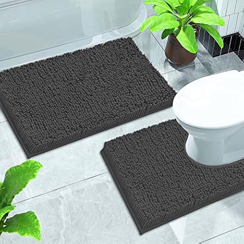 GVTECH Bath Mat Set 2 Pieces, Chenille Non-Slip Back 50x80 cm Bathroom Mat & 50x60 cm U Shape Toilet Rug Fleece Softness, Highly Absorbent, Bathroom Carpet, Super Soft Microfiber Bath Rug (Grey) Cover