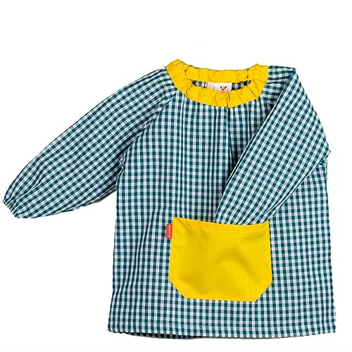 KLOTTZ-Poncho-C-Babi Escolar Infantil sin Botones con Bolsillos Combinados. Bata guardería Cuadros Tipo Poncho. No Hace bolillos. Fabricado en España Talla 5 años. Verde-Amarillo
