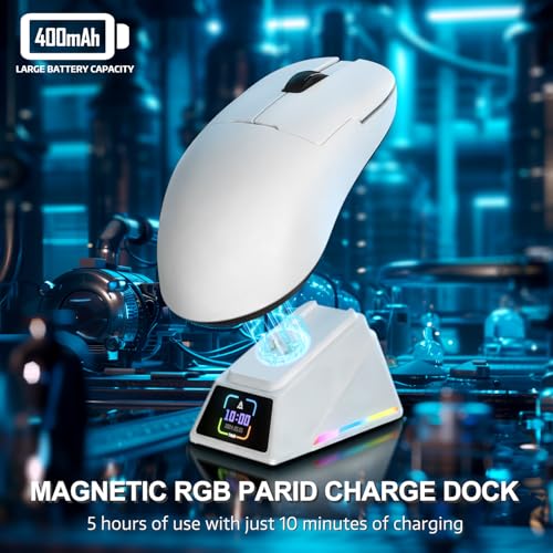 Image of Yindiao AJAZZ AJ159 APEX Wireless Gaming Mouse with Magnetic Charging Base, 56g Lightweight BT /2.4G /USB-C Wired Mouse, PAW3950APEX 42K DPI Optical Sensor, Programmable Buttons for PC /Mac /Win(White)