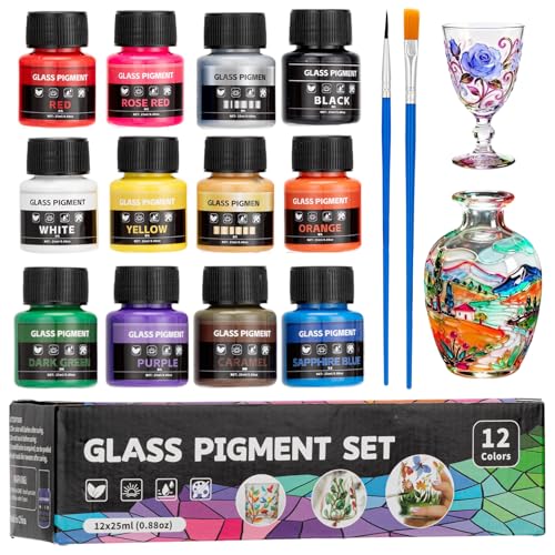 Onperpoe Stained Glass Paint 300ml Glass Paints for Glass Painting 12 Colours Painting Kit with 2 Paint Pens Non-toxic Waterproof Paint for Glasses Ceramic Crystal Window and Wine Bottles