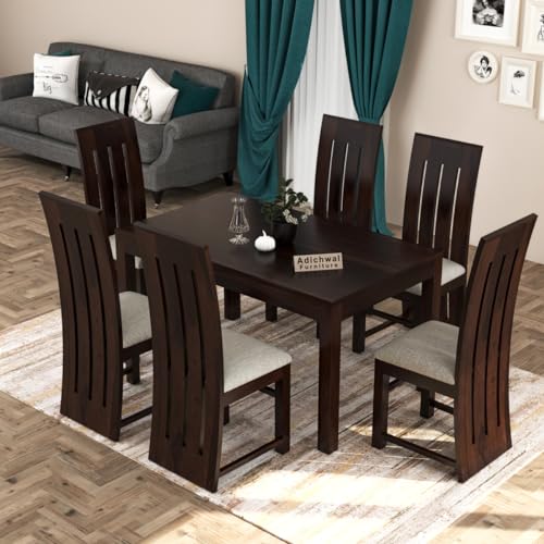 Image of Solid Sheesham Wood 6 Seater Dining Table Set with Cushioned Chairs for Dining Room | Living Room | Home & Office | Hotels Restaurant & Cafe (6 Seater, Walnut B)