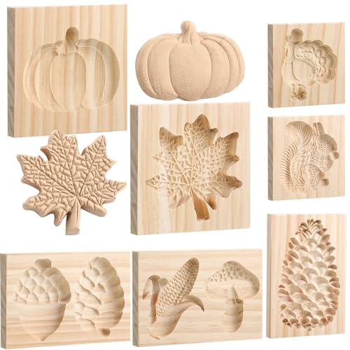 9 Styles Fall Wooden Cookie Molds Thanksgiving Carved Cookie Stamps Shortbread Mold for Baking Wood Press 3D Embossing Cookie Cutters Kitchen Biscuit DIY 5.1 Inch, Pumpkin Turkey Maple Leaf Pine Cone