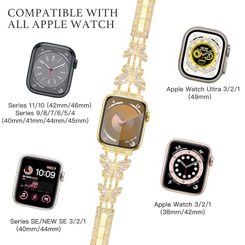 Image of Butterfly Band for Apple Watch Bands 40mm 41mm 42mm for Women Gold | 42mm(S11 /10) 38mm iWatch SE Series 11 10 9 8 7 6 5 4 3, Slim Thin Metal Fancy Bling Dressy Strap for Apple Watch Band-Gold