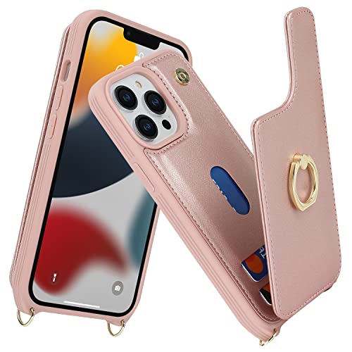 Image of for iPhone 13 Pro Case with Card Holder and Strap for Women,Crossbody Lanyard,RFID Blocking,Kickstand Ring Stand,Snap Clasp,Phone Wallet Cases 6.1 inch(Rose Gold)