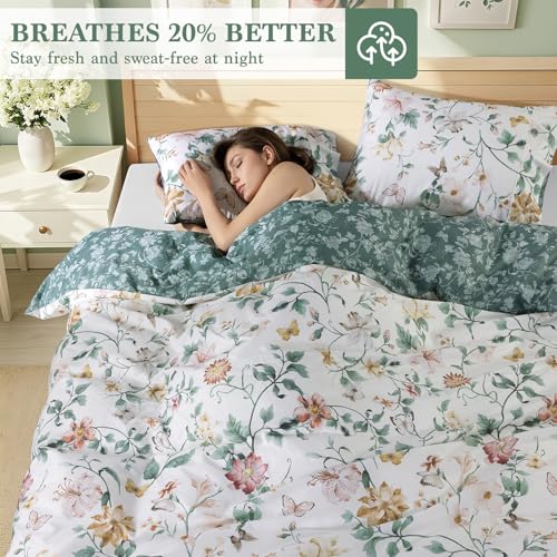 Shilucheng 100% Cotton Floral Duvet Cover King Size - 600 Thread Count, Breathable & Cooling Comforter Cover with Zipper Closure,Hotel Bedding Duvet Covers 3 Piece (White & Green)