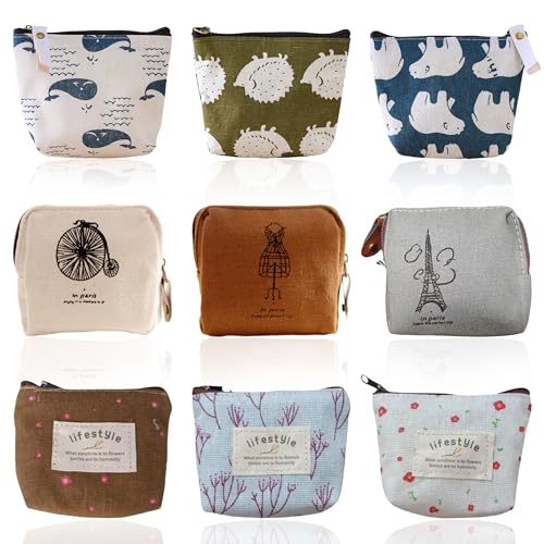 PYSEOSISE Mini Monedero de Lona, 9 Piezas Mini Cartera con Cremallera, Vintage Monedero Pequeño Porta Monedas Bolsa de Cosméticos para Señoras Monedas Lápiz Labial Tarjetas