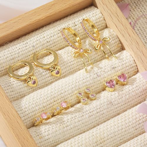 Gold Earrings Set for Women 14K Gold Plated Cubic Zirconia Love Heart Bowknot Clover Fruit Flower Insect Ocean Cross Huggie Hoop Earrings Stud Earrings Set for Multiple Piercing Party Jewelry Gifts4