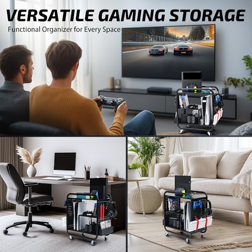 PLKOW Video Game Organizer, Rolling Video Game Storage Rack for Xbox/Switch/PS4/PS5 Accessories, Game Consoles Stand Controllers Holder, Perfect Holiday Present (Black) - Image 4