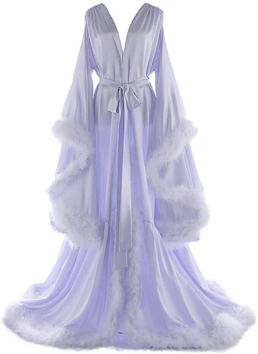 Women's Feather Bridal Robes Old Hollywood Maternity Photoshoot Nightgown Silk Bathrobe Long Lingerie