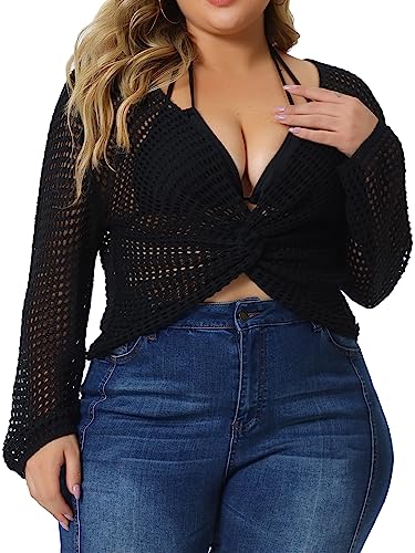 Agnes Orinda Plus Size Mesh Crochet Crop Top for Women Hollow Out Knit Sweater Beach See Through Cover Ups 2024