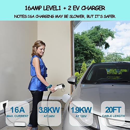 EV Charger, 16Amp 110V/240V Portable Level 1 Level 2 Electric Vehicle Charging Station with NEMA 6-20 Plug & NEMA 5-15 Adapter for J1772 Electric Cars