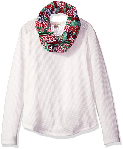 Self Esteem Girls' Little Long Sleeve Brushed Thermal with Lace Yoke and Sweater Scarf, Off White, M