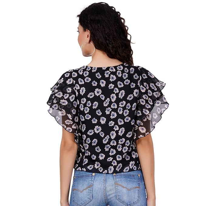 Image of Women's Pink Animal Printed Ruffle Sleeve Top, Western Style, Round-Neck