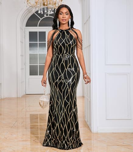 Image of Cololura Women Sexy Elegant Sequin Tassel Off Shoulder Halter Bodycon Maxi Dress Party Evening Gown Formal Dress