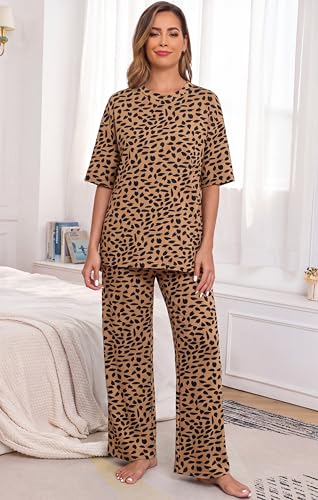Image of PrinStory Womens Pajamas Sets 2 Piece Lounge Set Short Sleeve Tops and Long Pants Soft Pjs Loungewear with Pockets