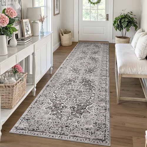 KUTA Vintage Runners for Hallways, 2.6x10 Vintage Tan Washable Kitchen Rugs Non-Slip Ultra Soft Printed Distressed Traditional Medallion Floor Carpet for Bedroom Living Room